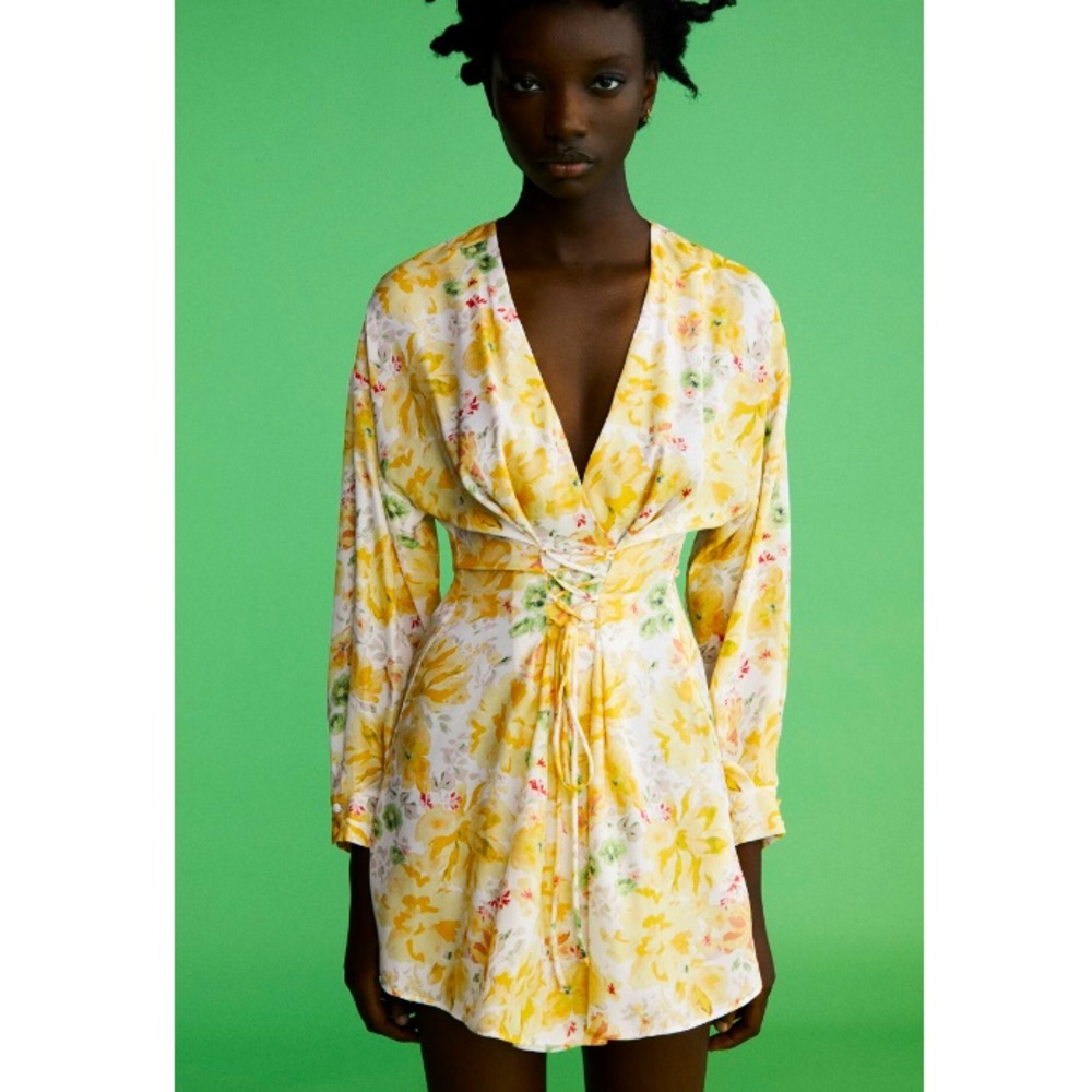 NWOT Zara yellow floral print lace up front mini Dress